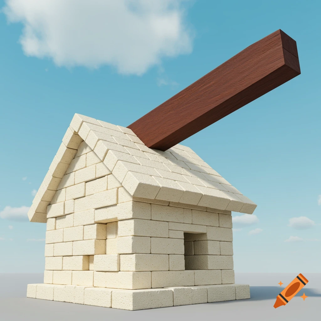 A stylized house made of white foam bricks with a large wooden beam breaking through the roof against a blue sky.