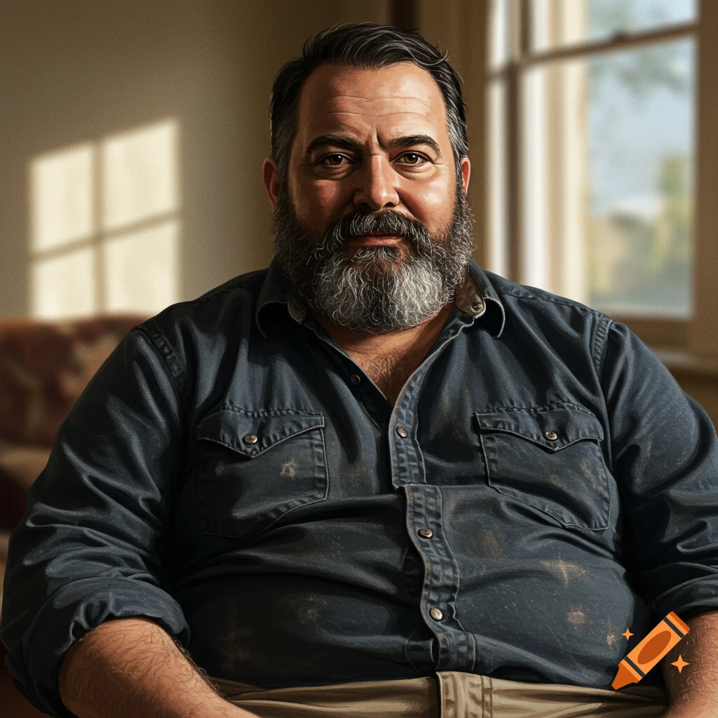 A bearded man sits indoors, lit by window light.