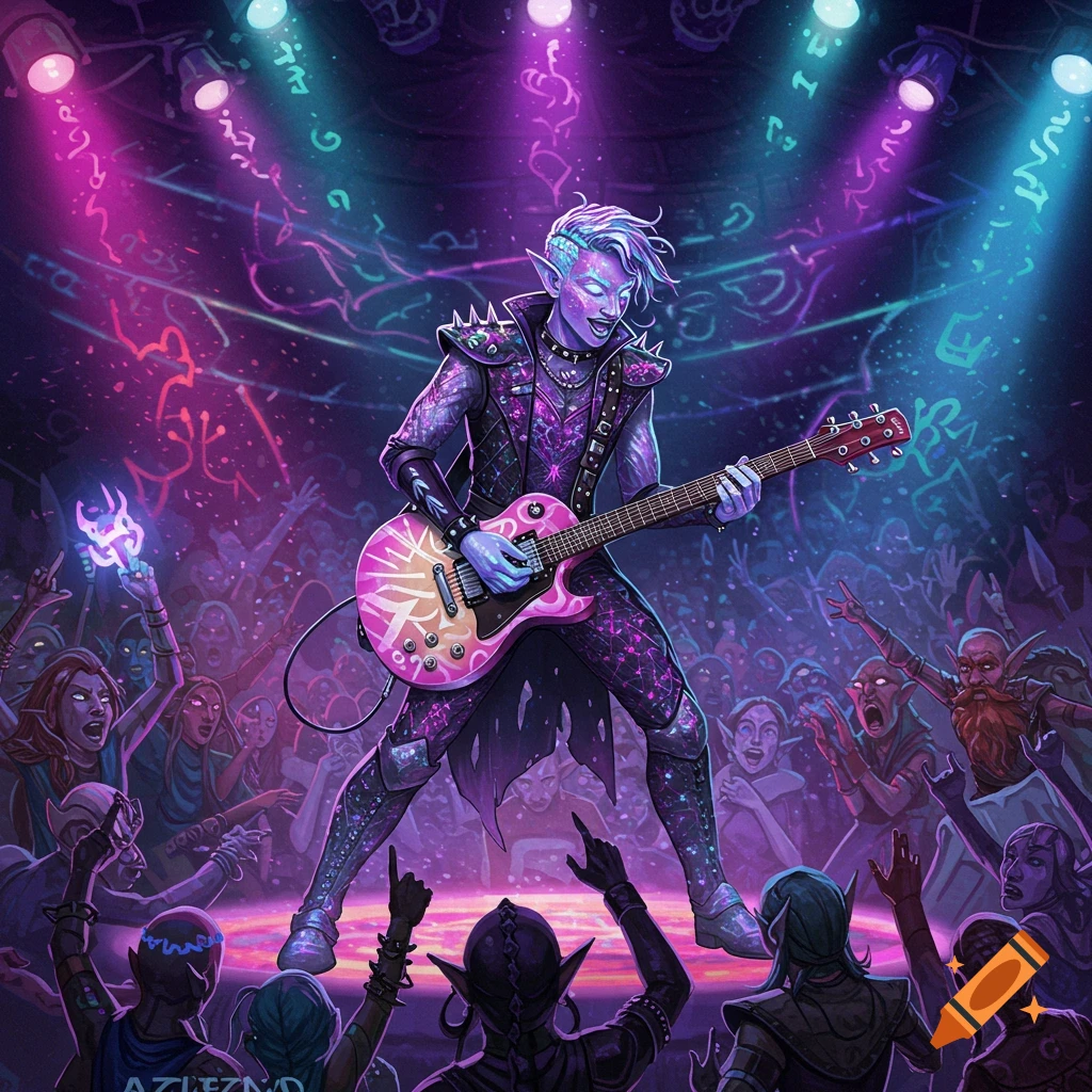 A fantasy elf character plays electric guitar on stage for a cheering crowd under purple and blue lights.