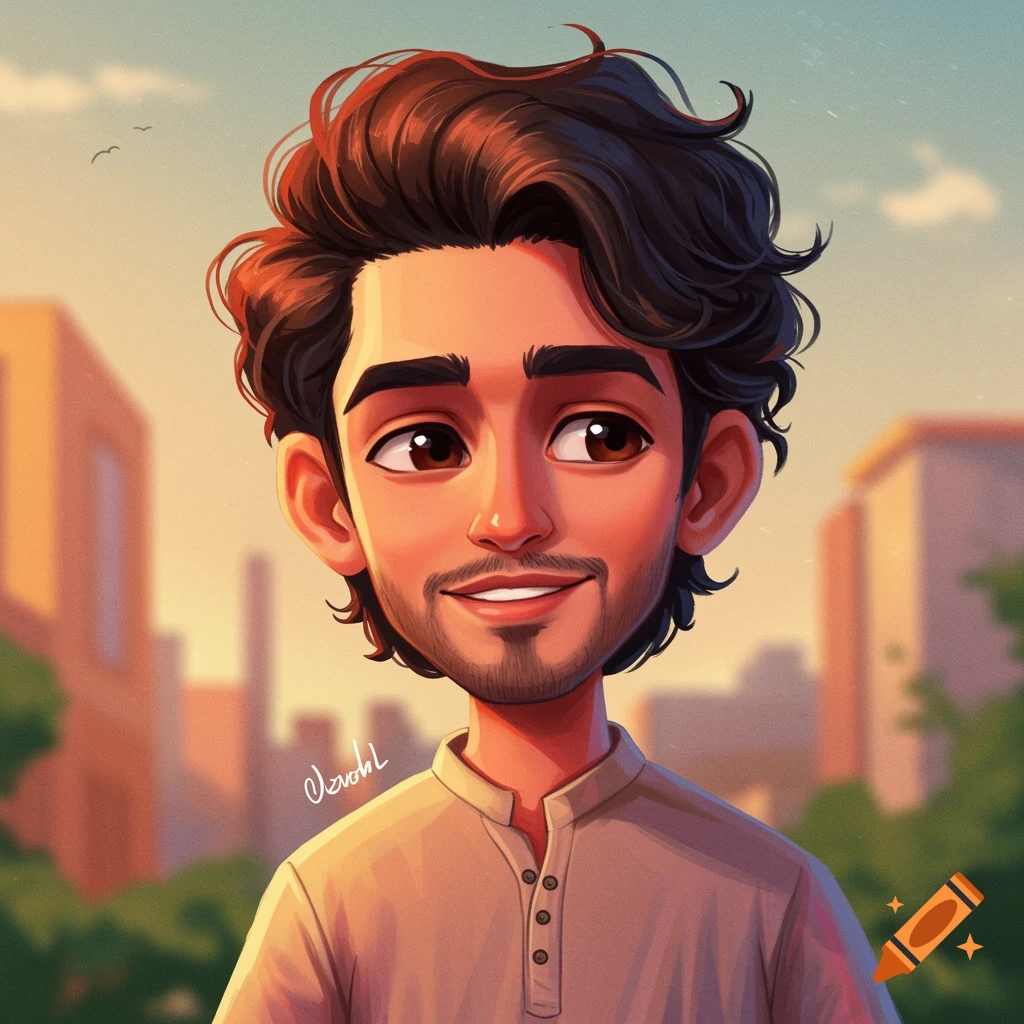 Cartoon portrait of a young man with wavy hair and a beard smiling, with buildings in the background.