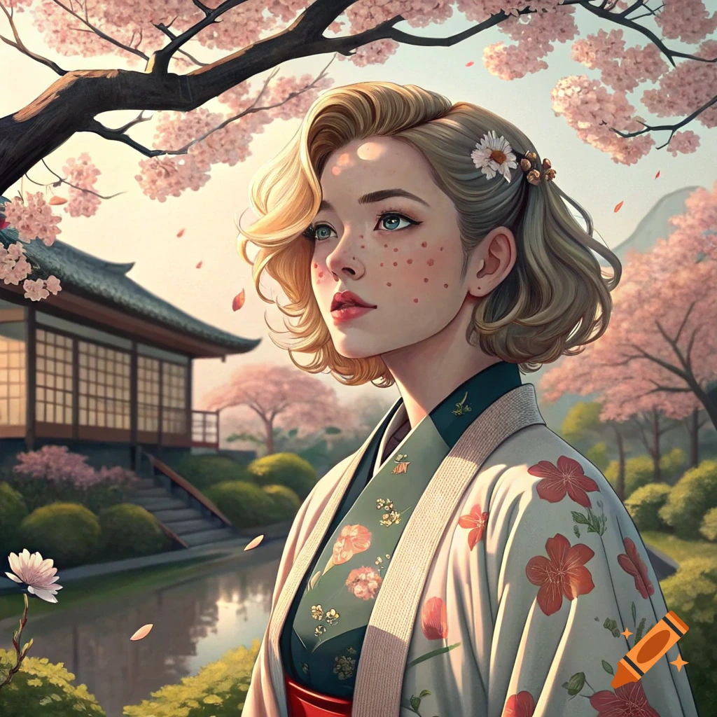 Portrait of a woman with freckles in traditional clothing amidst cherry blossoms and a Japanese-style building.