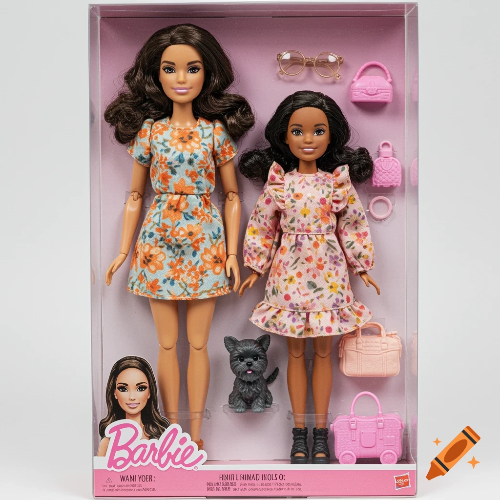 Two Barbie dolls, a mother and daughter, with accessories and a dog in a clear toy box.