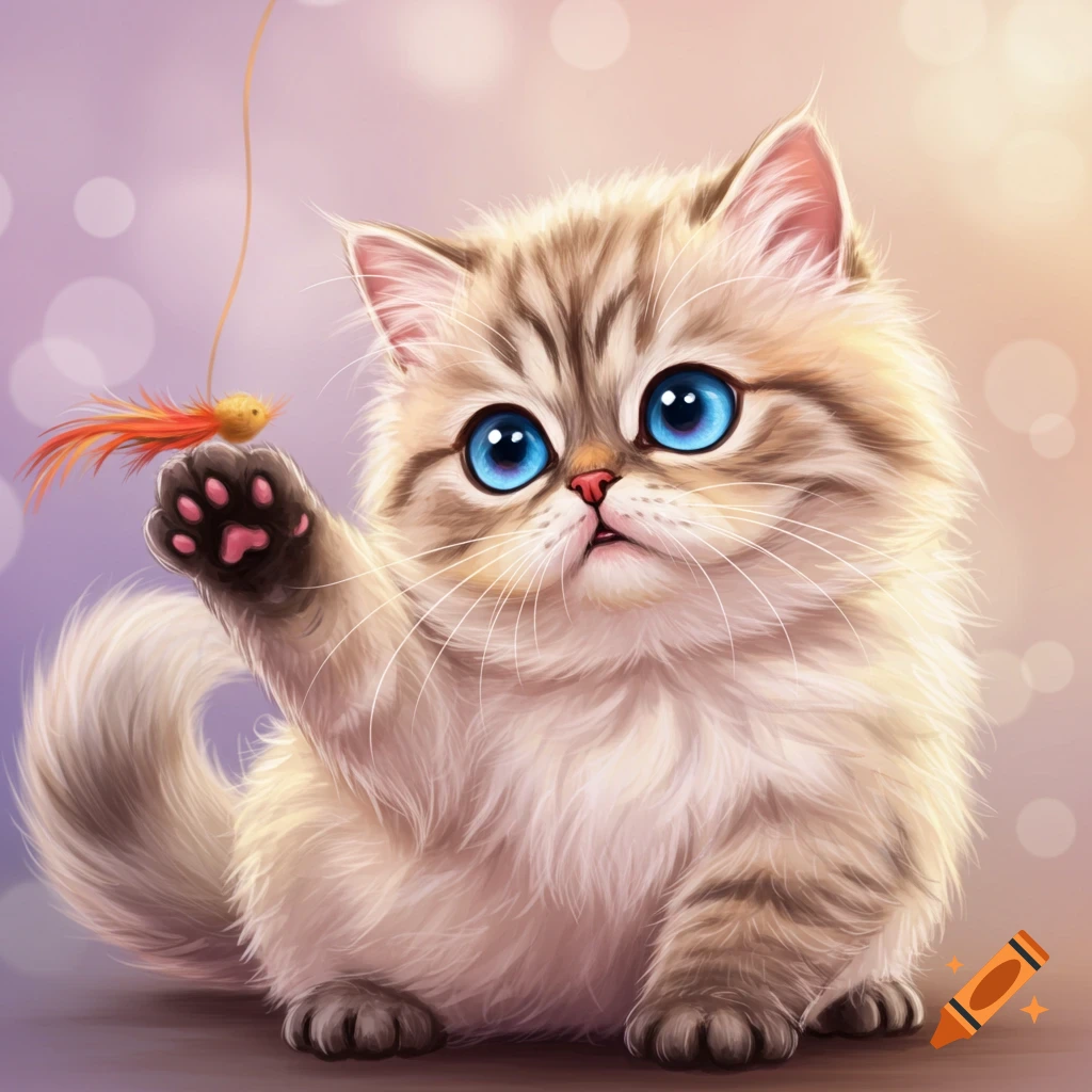 A fluffy kitten with blue eyes reaches for a feather toy.