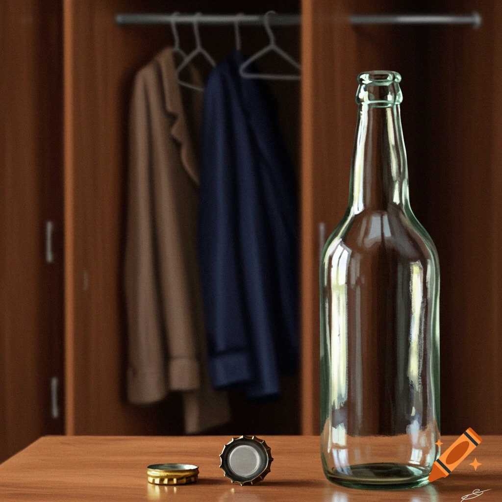 An open glass bottle and two bottle caps are on a table, with coats in a closet in the background.