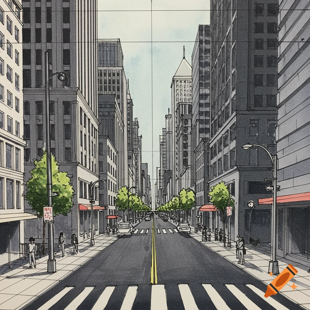 A two-point perspective drawing of a city street with tall buildings, trees, people, and cars.