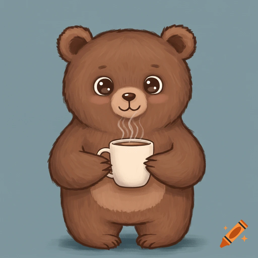 A cute brown cartoon bear holds a steaming white mug.