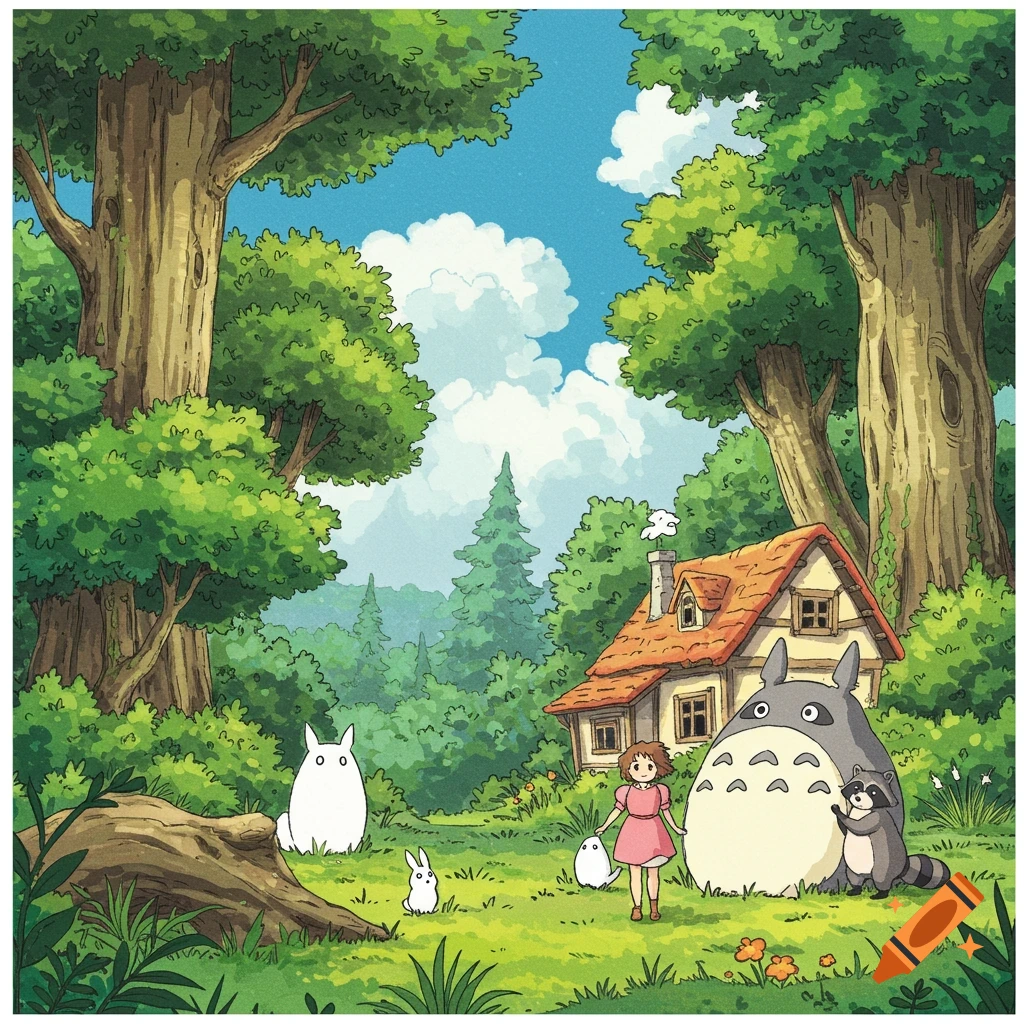 A cartoon illustration in Studio Ghibli style of characters similar to Totoro, a girl, and spirits standing near a house in a lush forest.