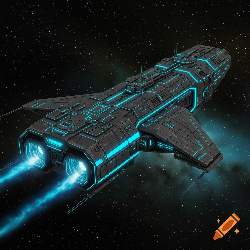 A dark grey spaceship with bright blue lighting accents and engine trails flying through a starry space with a nebula.