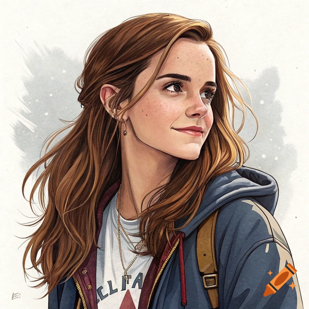 Stylized digital illustration of a young woman resembling Emma Watson with long brown hair, wearing a blue hoodie and backpack, looking to the side.