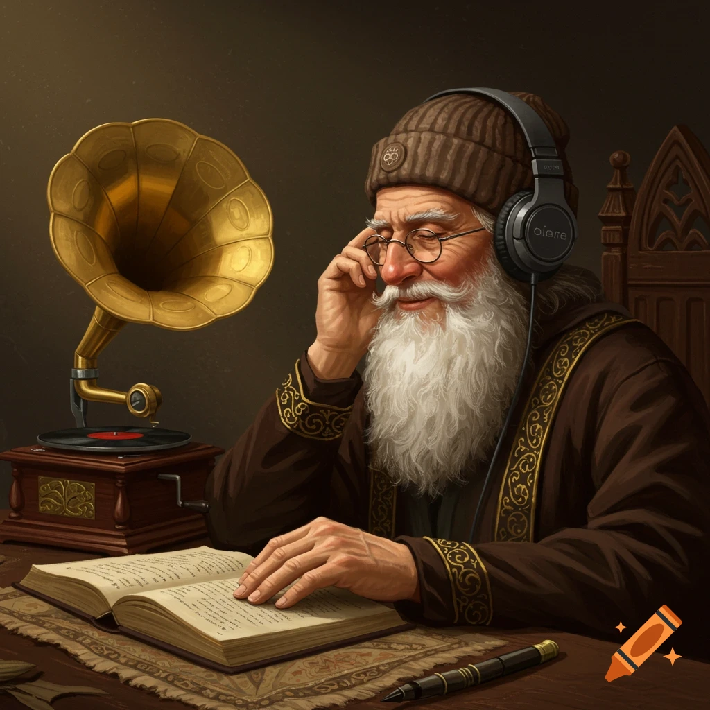 An old wizard-like man with a long white beard wearing a beanie and modern headphones, listening to a gramophone while reading a book.