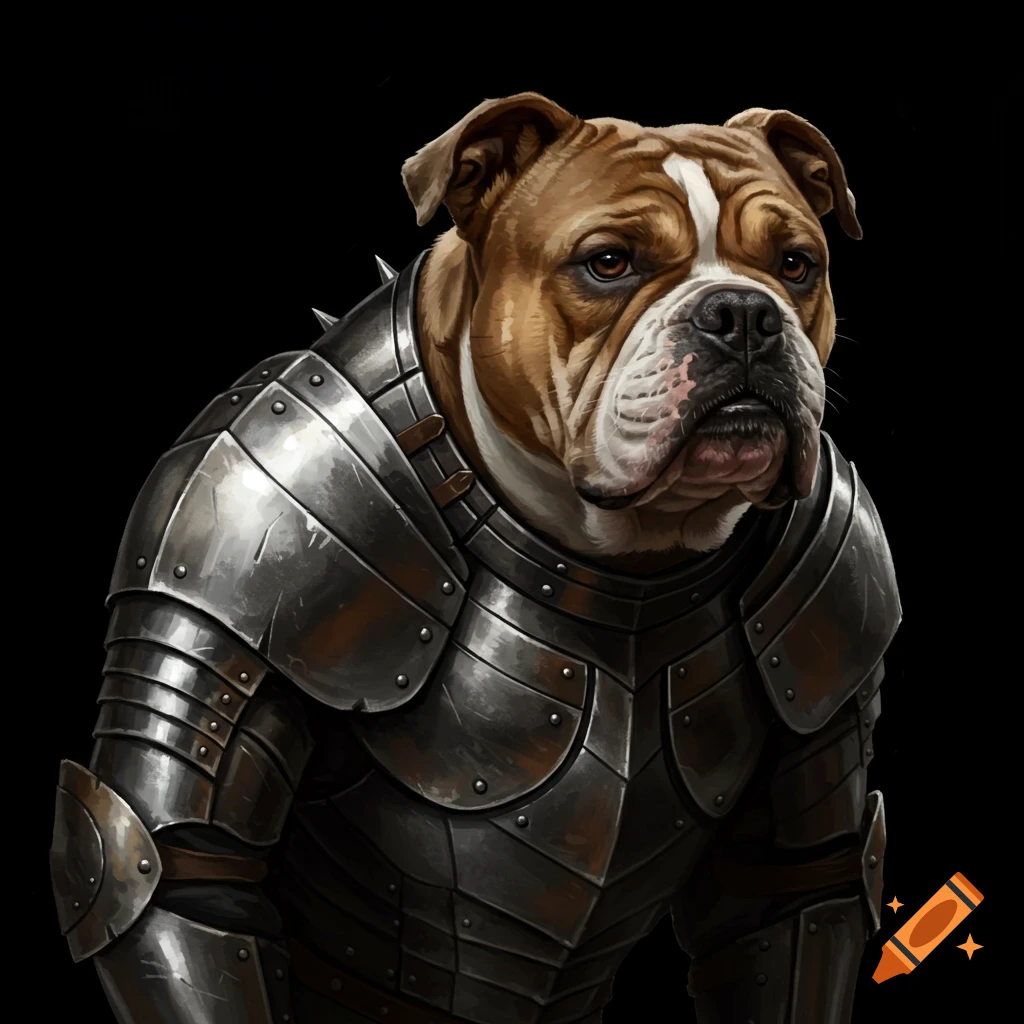 An American bulldog wearing silver armor.