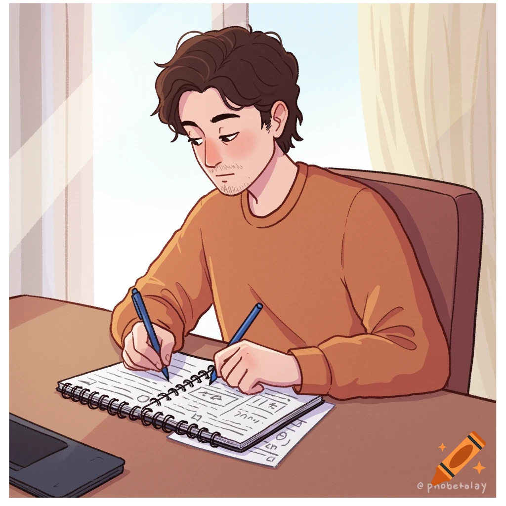 Cartoon illustration of a person writing in a notebook at a desk.