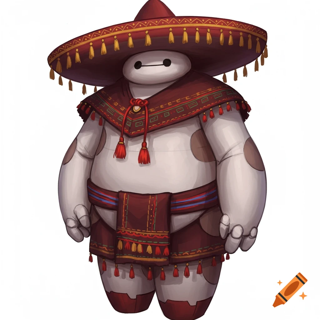 Illustration of Baymax from Big Hero 6 wearing a red sombrero and serape with tassels and patterns.