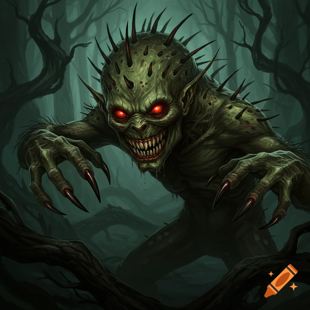 A creepy green monster with red eyes, sharp teeth, spikes, and claws in a dark forest.