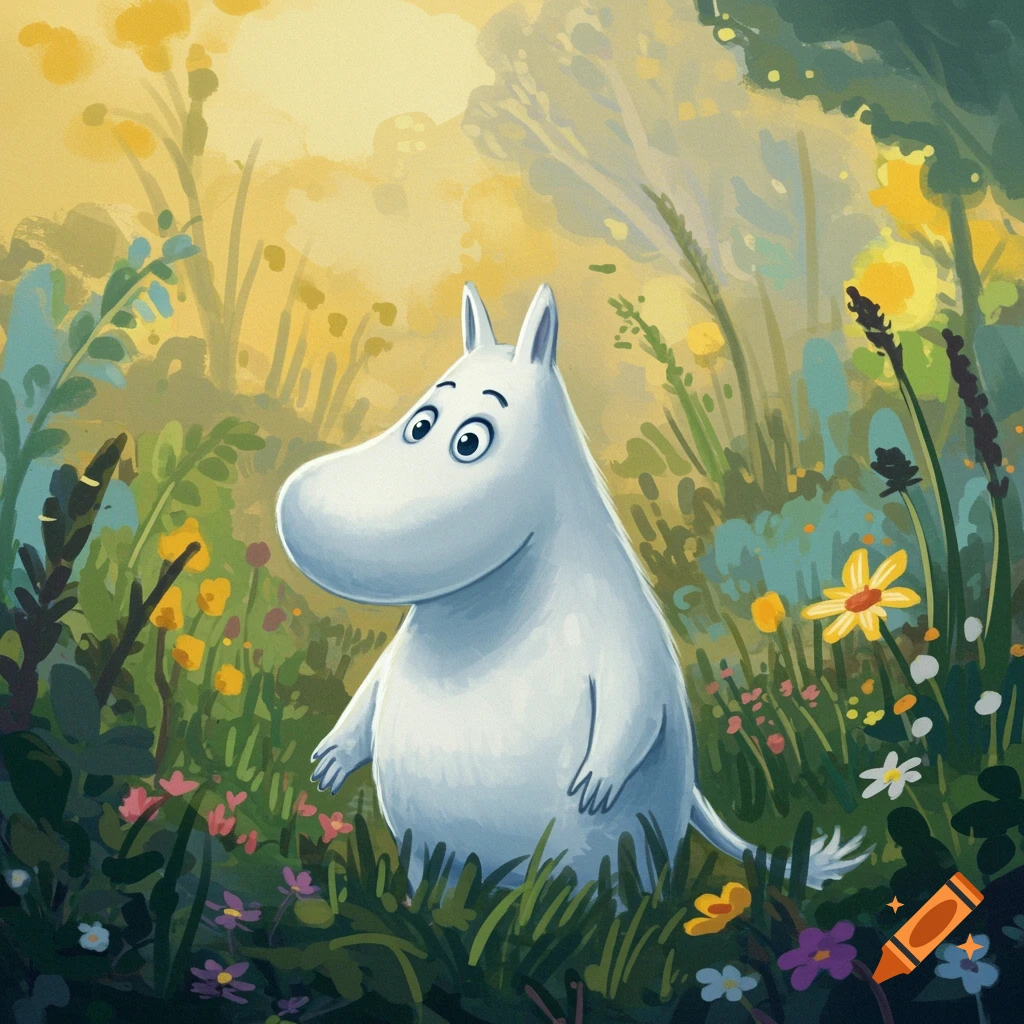 A whimsical illustration of Moomin Troll standing in a vibrant, flower-filled forest.