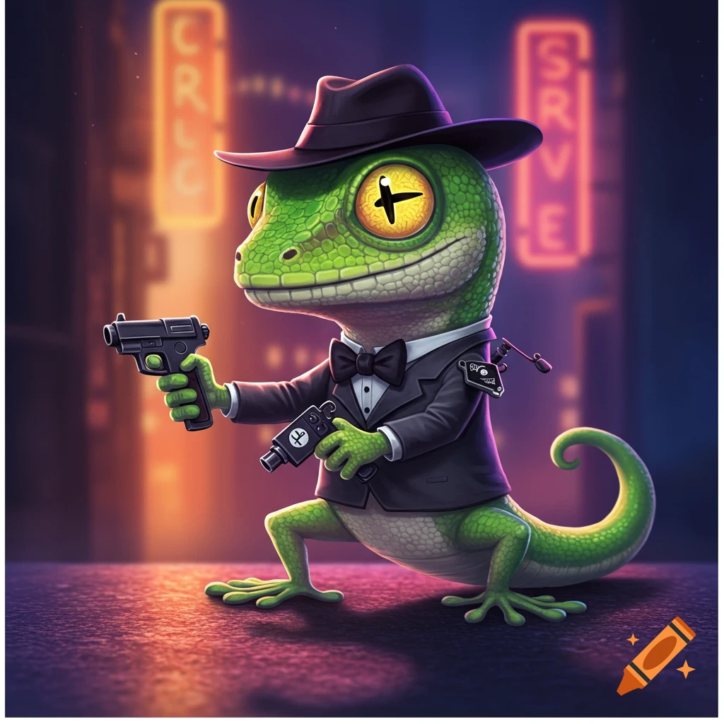 Cute cartoon lizard in a suit holding two guns in a neon city street.