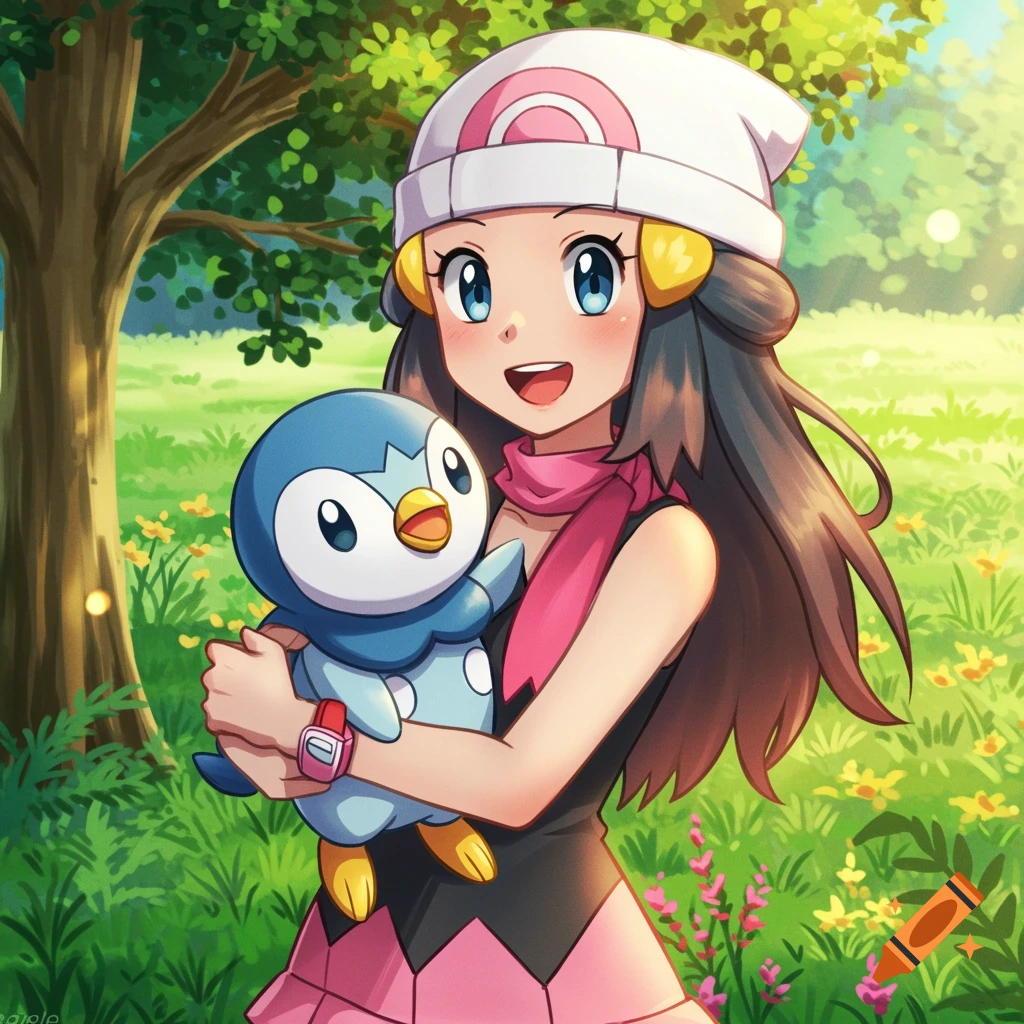 Anime girl in hat holds blue penguin in sunny field