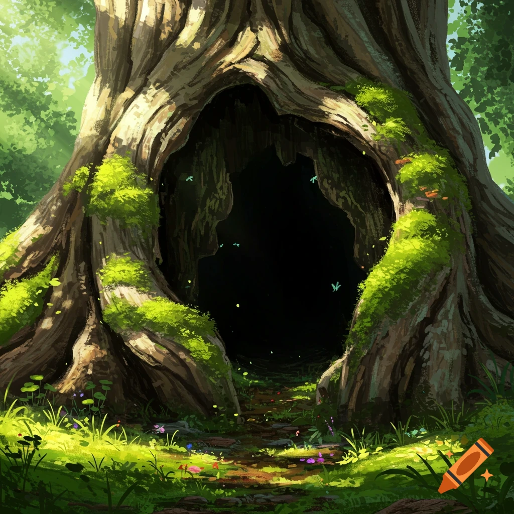 A dark tree hollow entrance on a sunlit forest path, with light trails or fireflies.