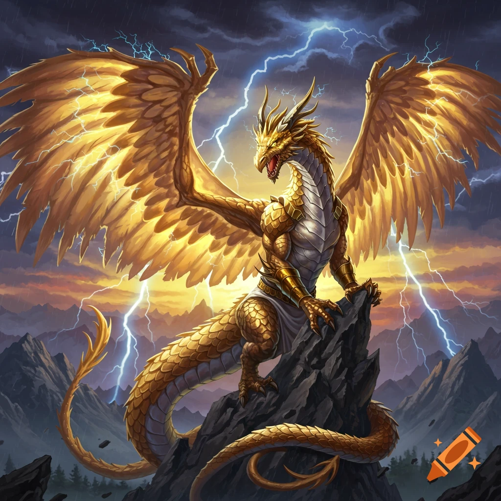 A golden dragon perched on a rock during a thunderstorm with lightning strikes.