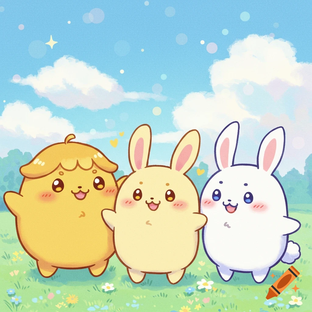 Cute cartoon yellow character and two rabbits standing in a grassy field under a cloudy sky.
