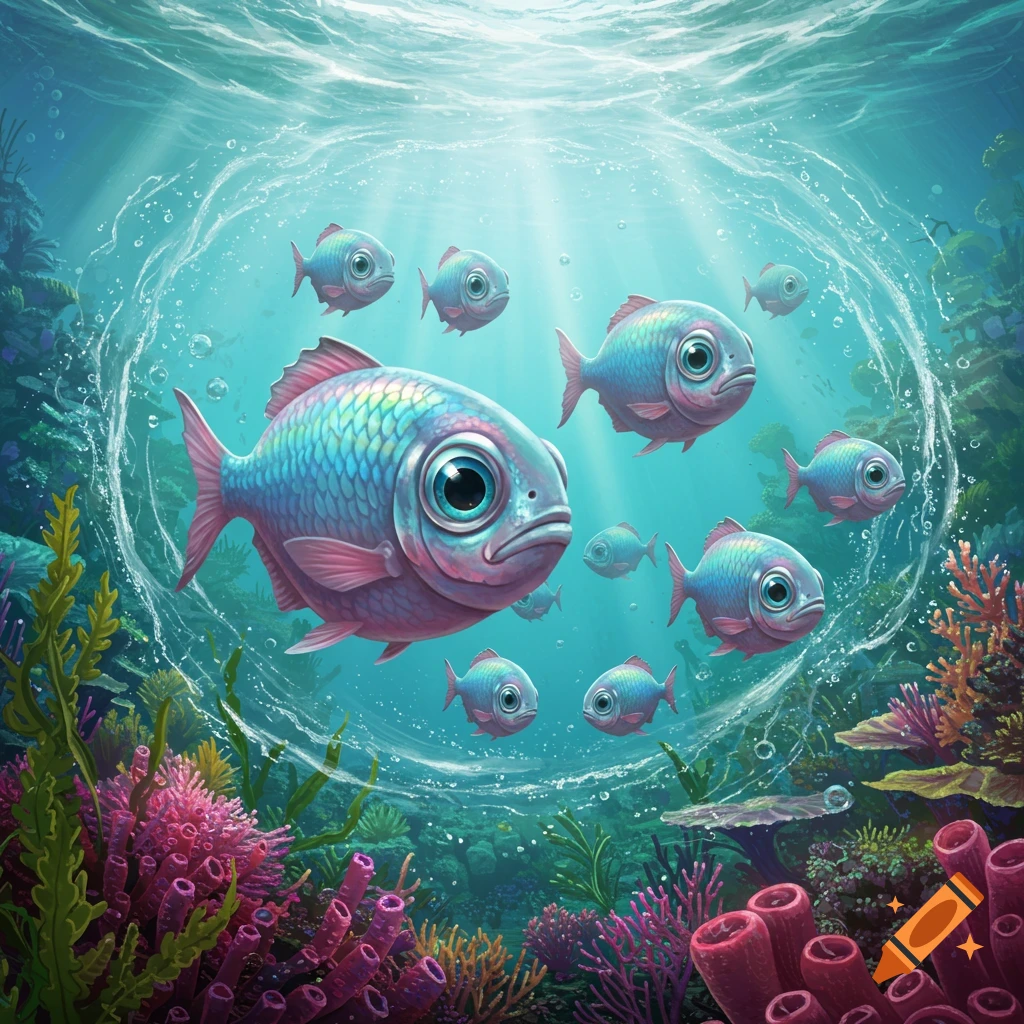A school of colorful, big-eyed fish swimming in a coral reef underwater, with light rays from the surface.