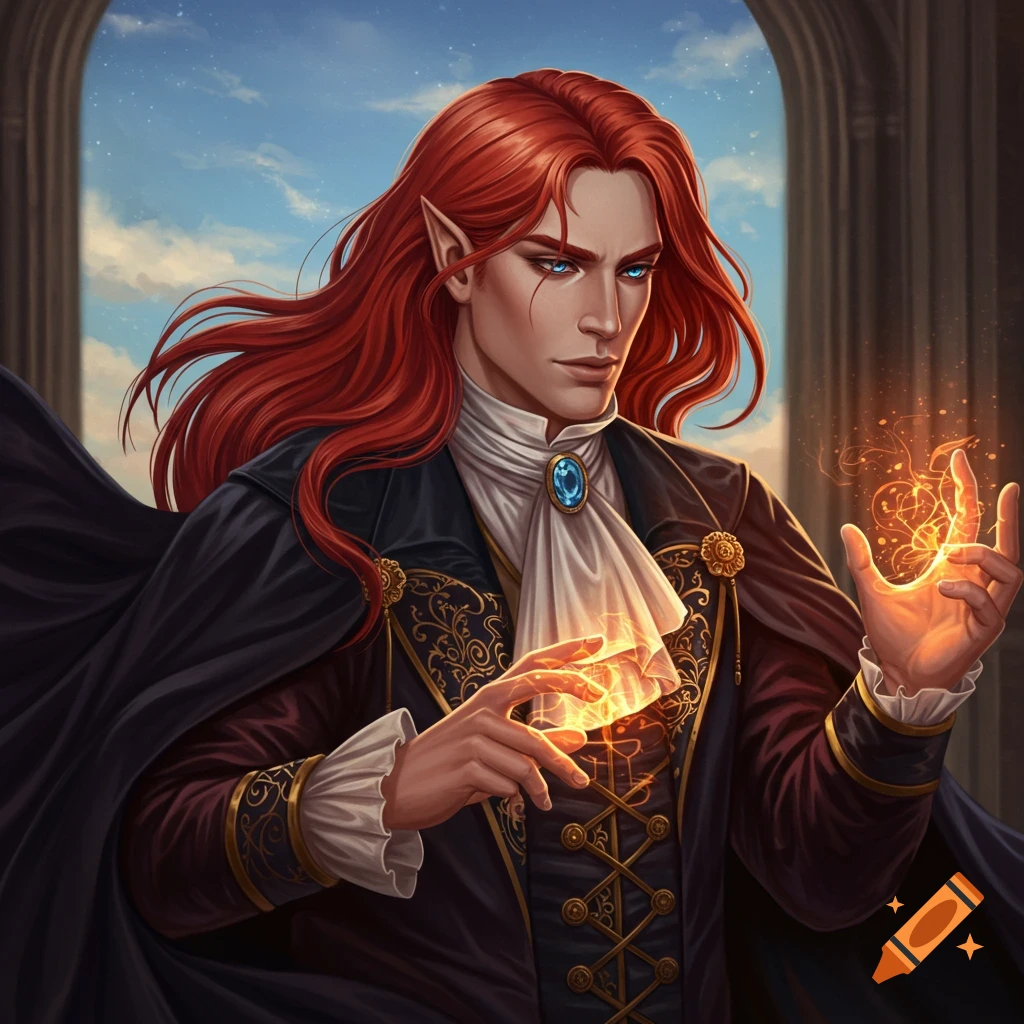 A red-haired male fantasy character with pointed ears, wearing Victorian clothes and casting magic.