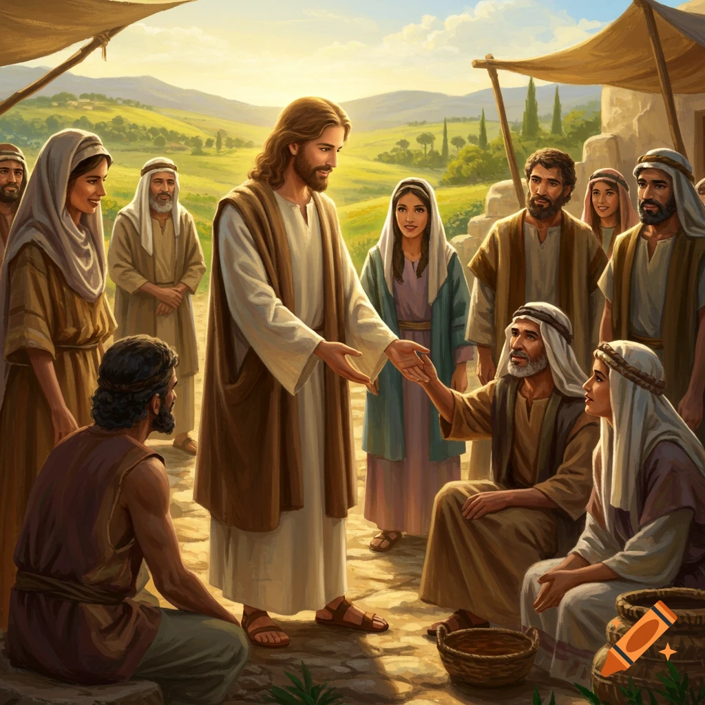 Jesus reaching out to people in an ancient village setting.