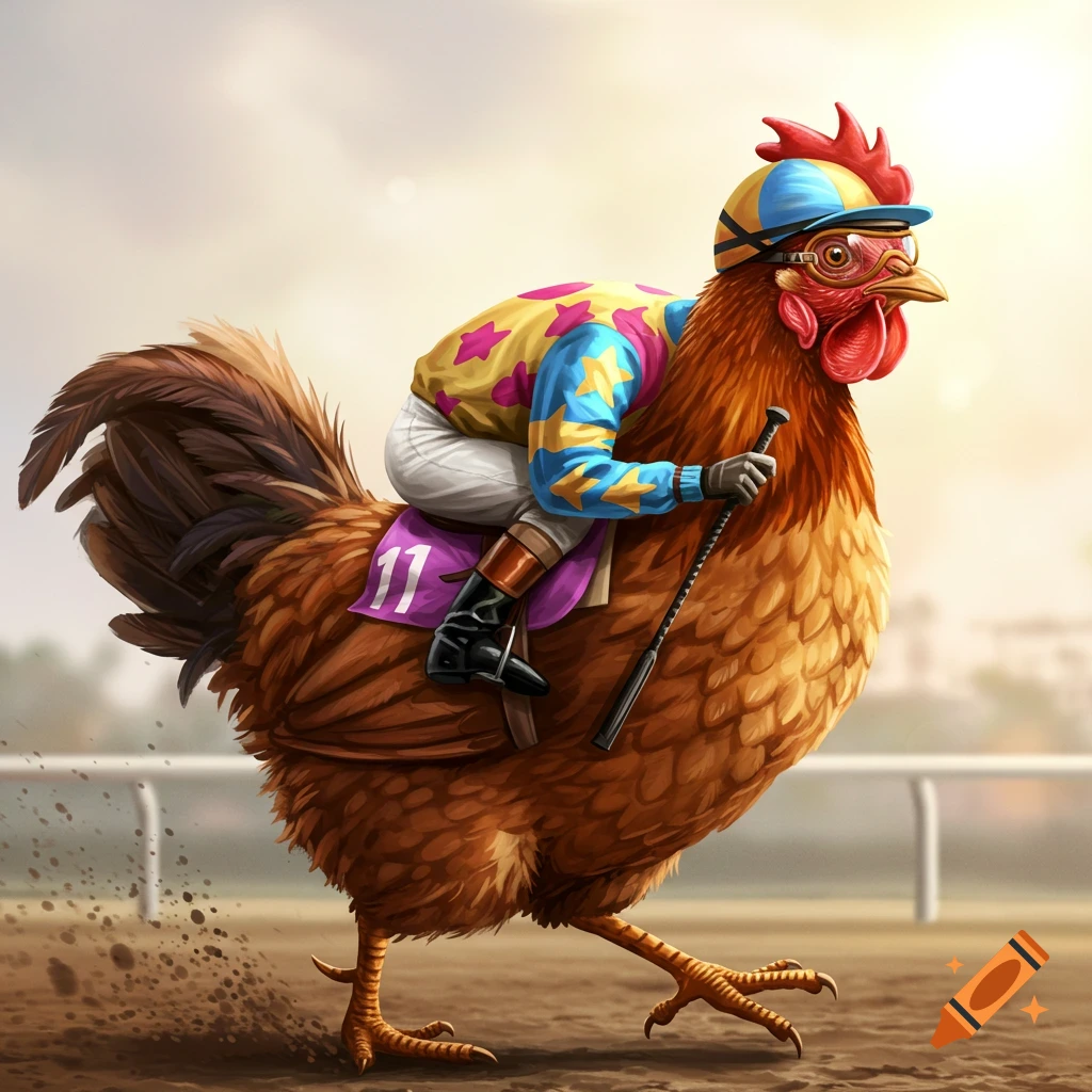 Cartoon illustration of a jockey riding a large brown chicken on a race ...