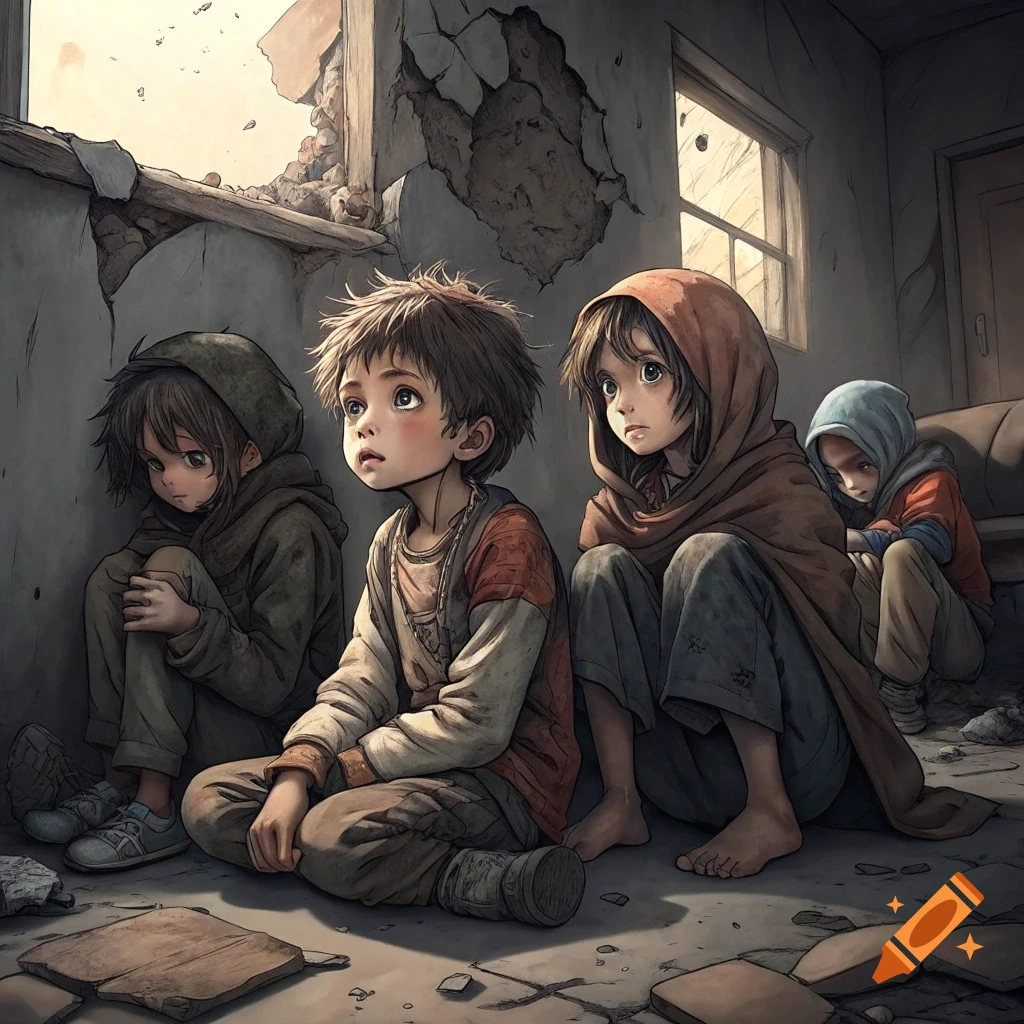 Four anime children sit in a ruined building.