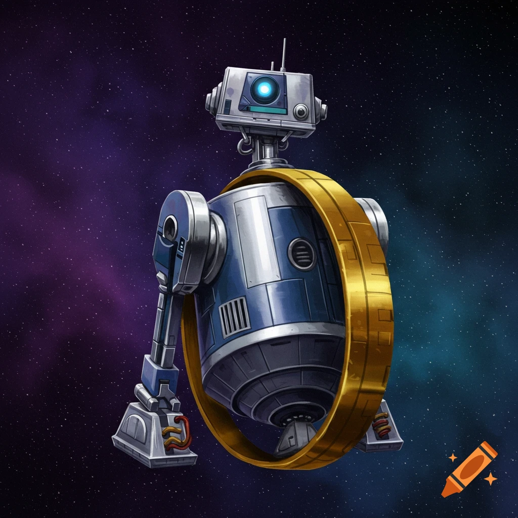 A blue and silver robot with a gold ring around its body floating in space.
