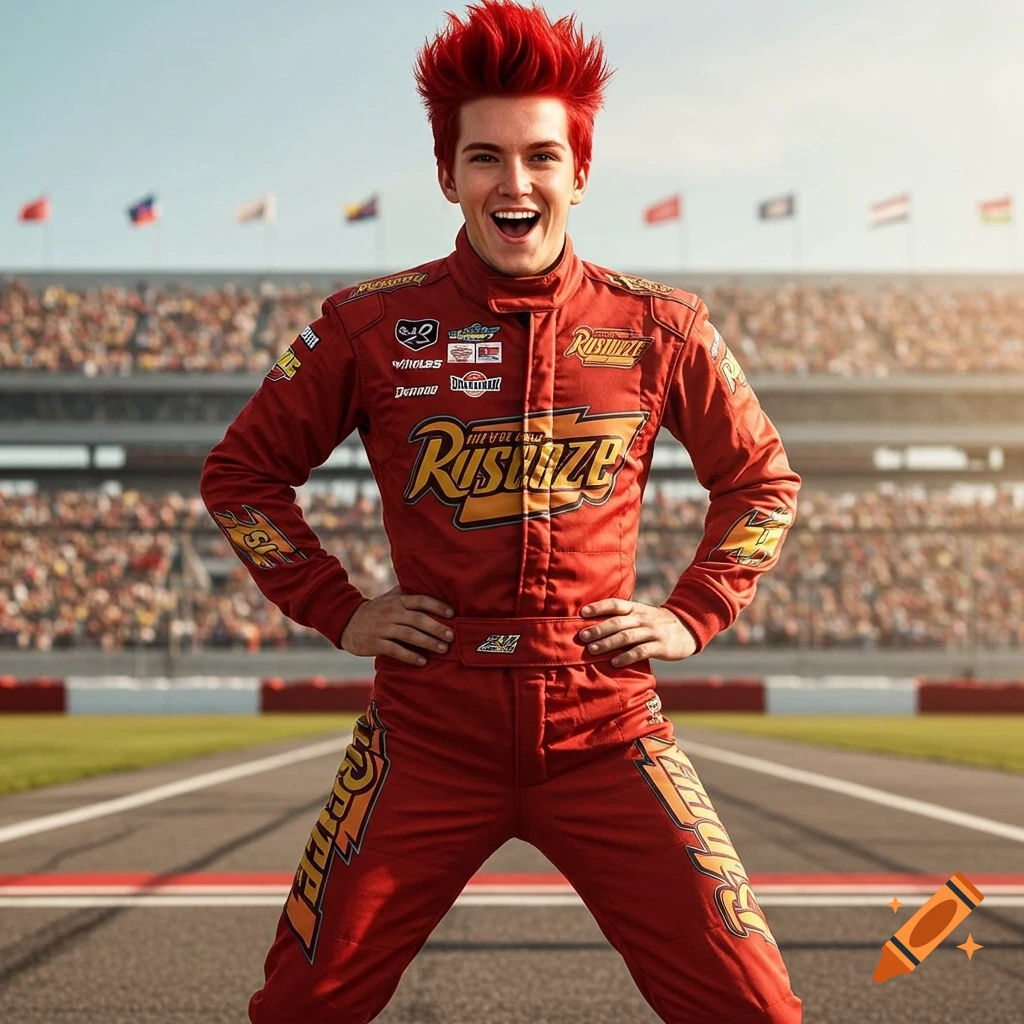 A person with bright red spiky hair in a red racing suit with "Rust-eze" logos, smiling at a race track.
