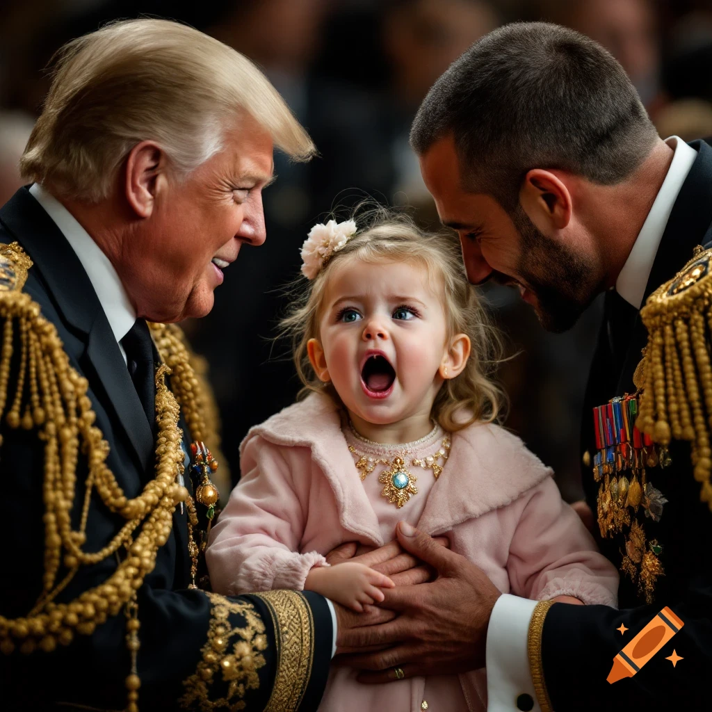 An older man and a younger man in decorated formal uniforms interact with a young girl who is crying or screaming.