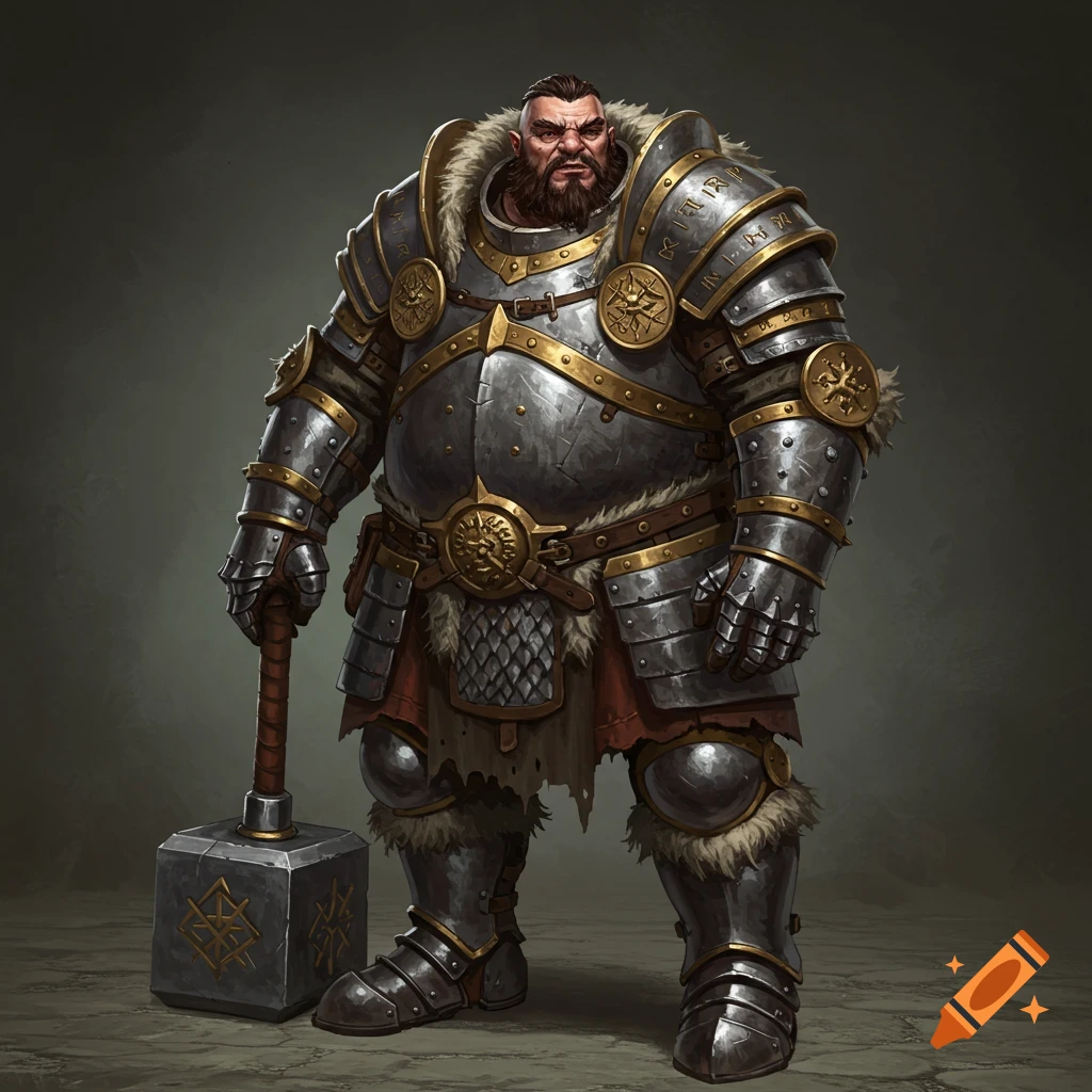 A large armored fantasy warrior holds a hammer.