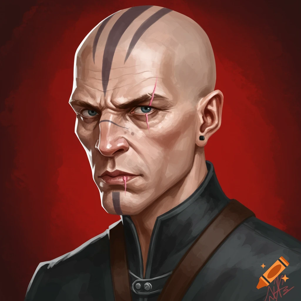 A portrait of a stern bald man with facial scars and head tattoos.