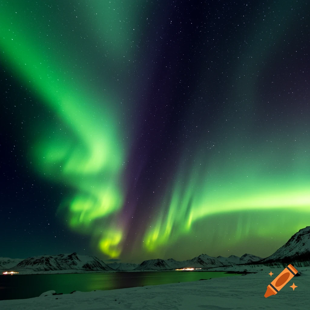 Aurora borealis over snow-covered mountains and water at night