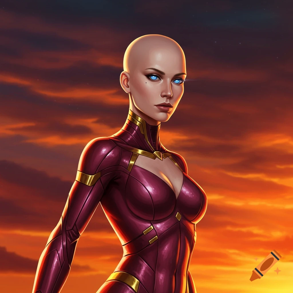 A bald female superhero in a metallic suit stands against a dramatic sunset sky.