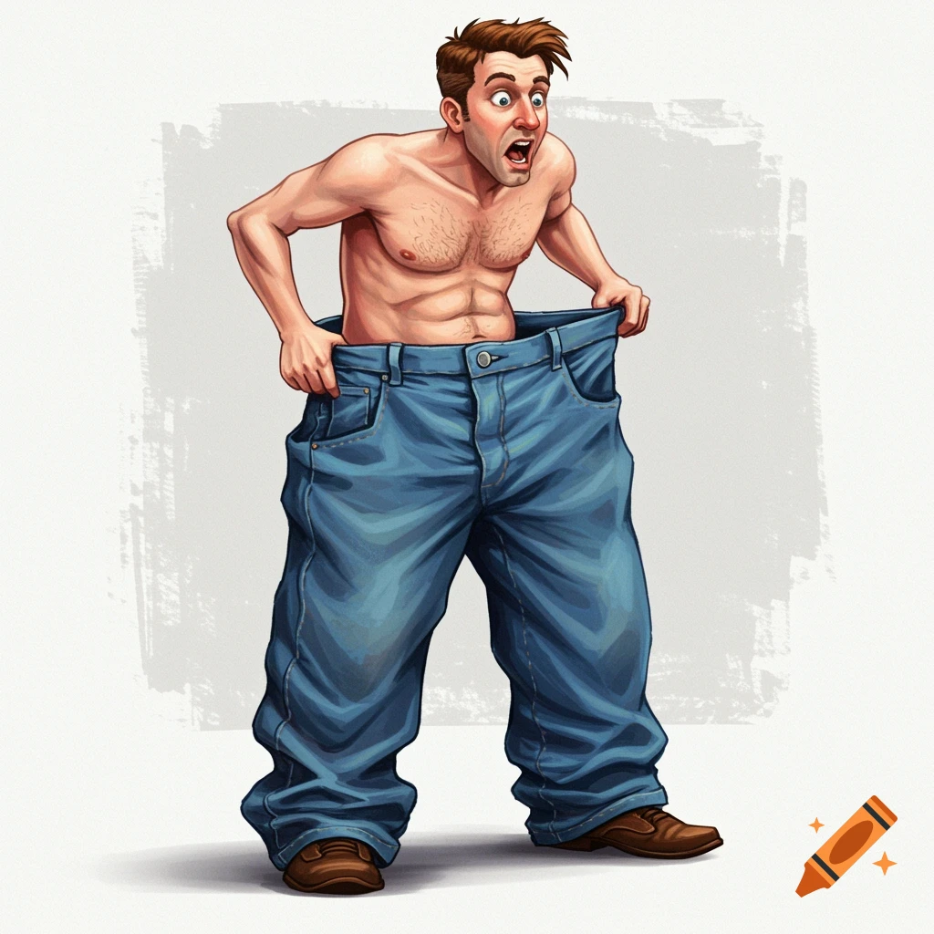 A surprised man stands in oversized blue jeans in a digital illustration style.