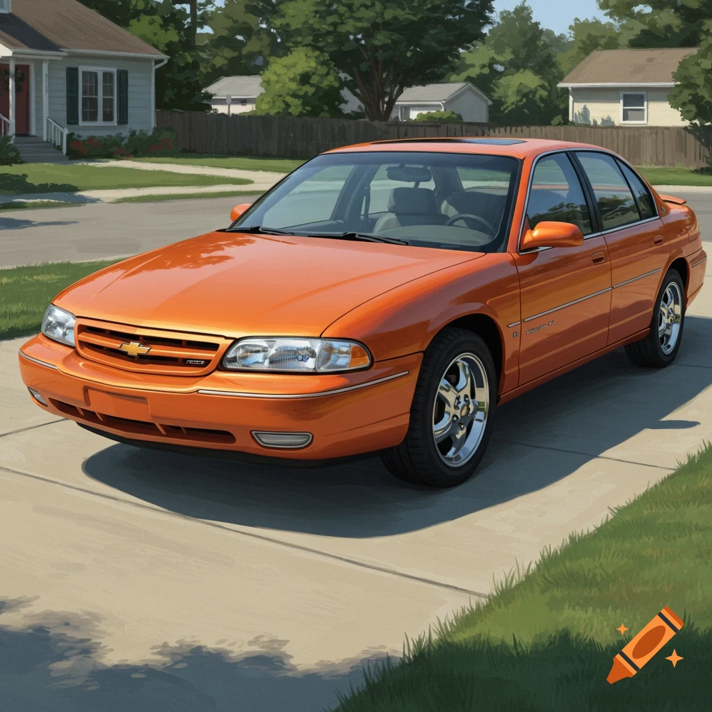 An orange Chevrolet car parked in a suburban driveway.