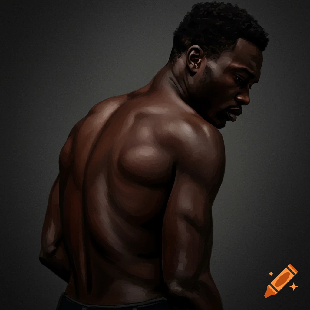 A muscular man's back is shown as he looks over his shoulder.