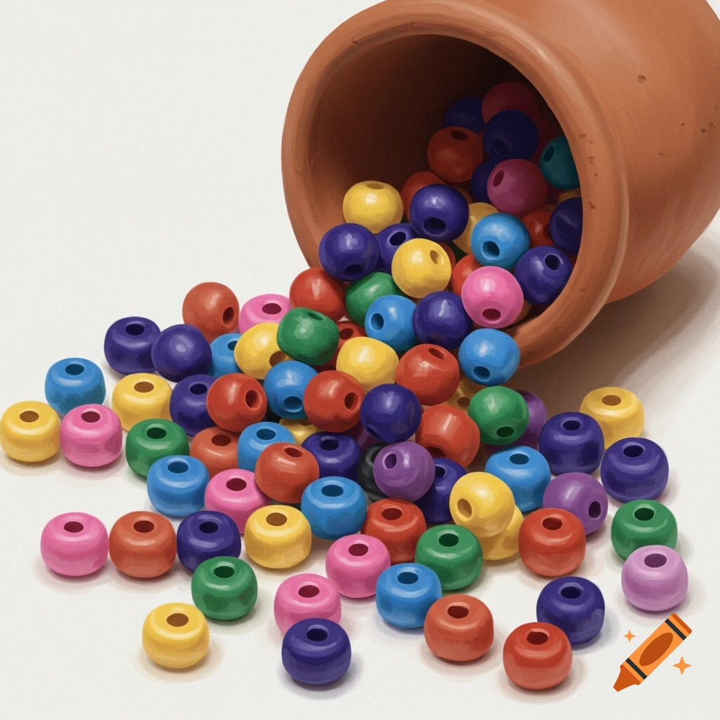 A terracotta pot spilling colorful beads