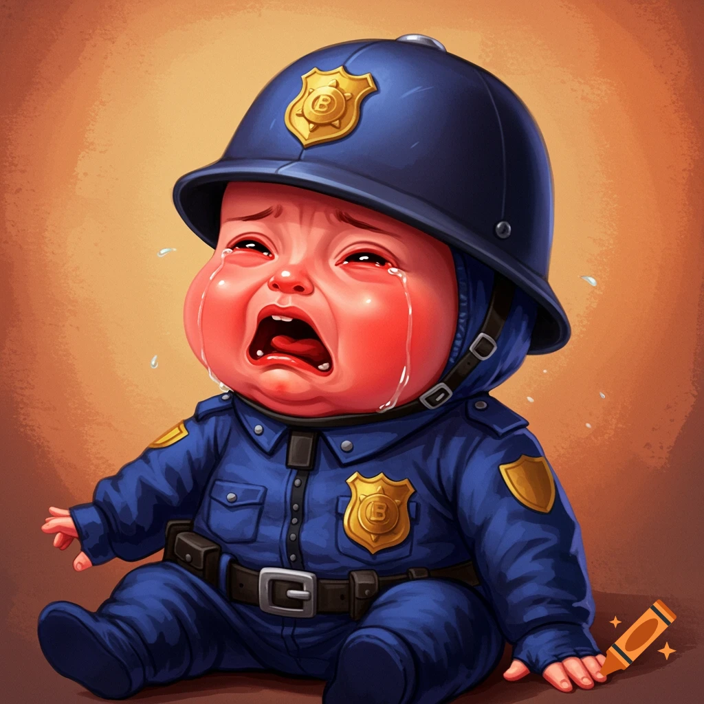A crying baby in a police uniform, illustrated in a whimsical style.