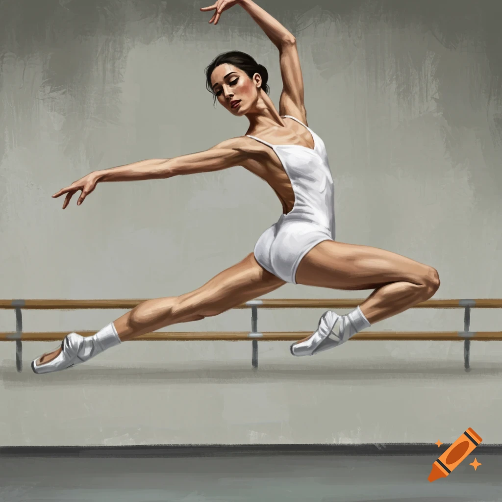 A female dancer in a white leotard leaping in a studio with a ballet barre.
