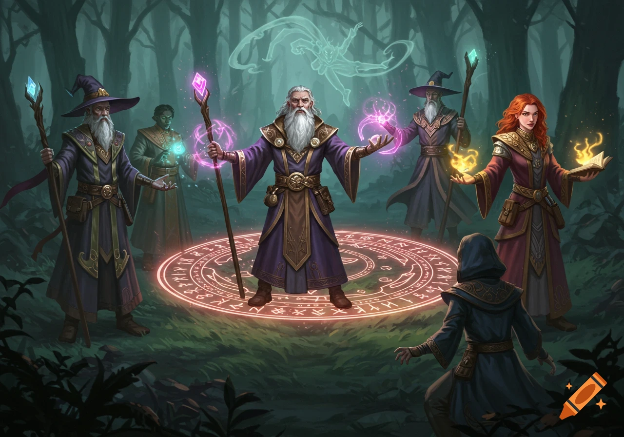 Wizards gather around a glowing summoning circle nestled in a forest.