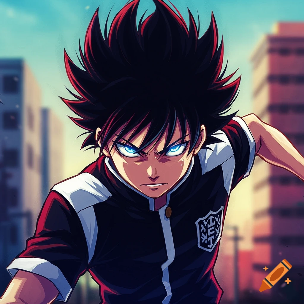 Anime portrait of a young man with black spiky hair and glowing blue eyes.