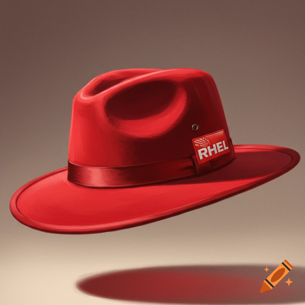 A red fedora hat with a patch labeled RHEL on the side.