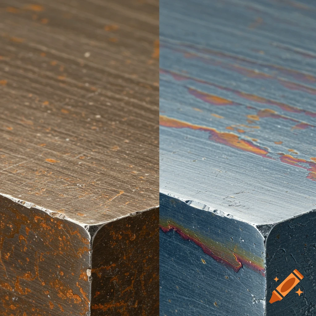 Close-up of a metal surface before and after passivation.