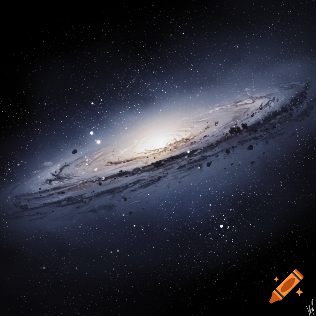 A spiral galaxy glows brightly amidst a dark expanse of space filled with stars.