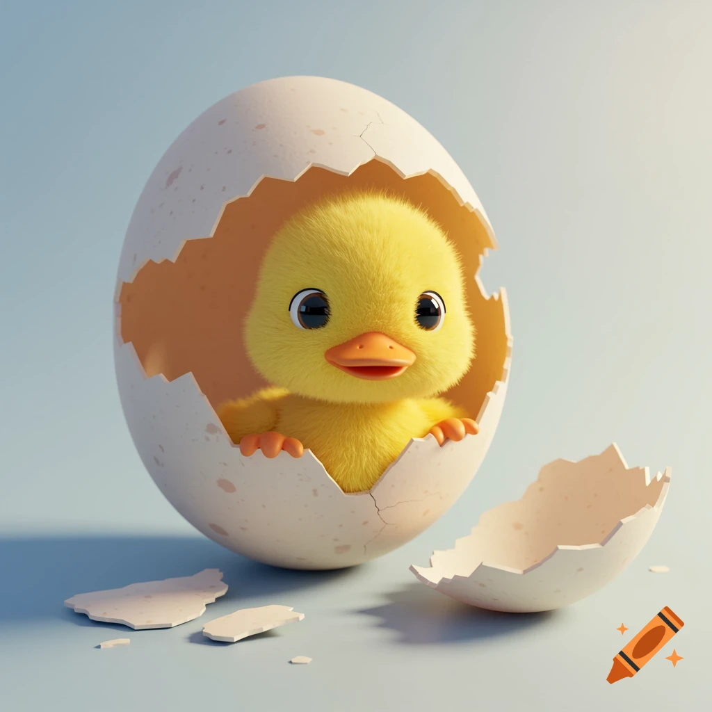 A fluffy yellow baby duckling hatches from a cracked egg in a 3D cartoon style.