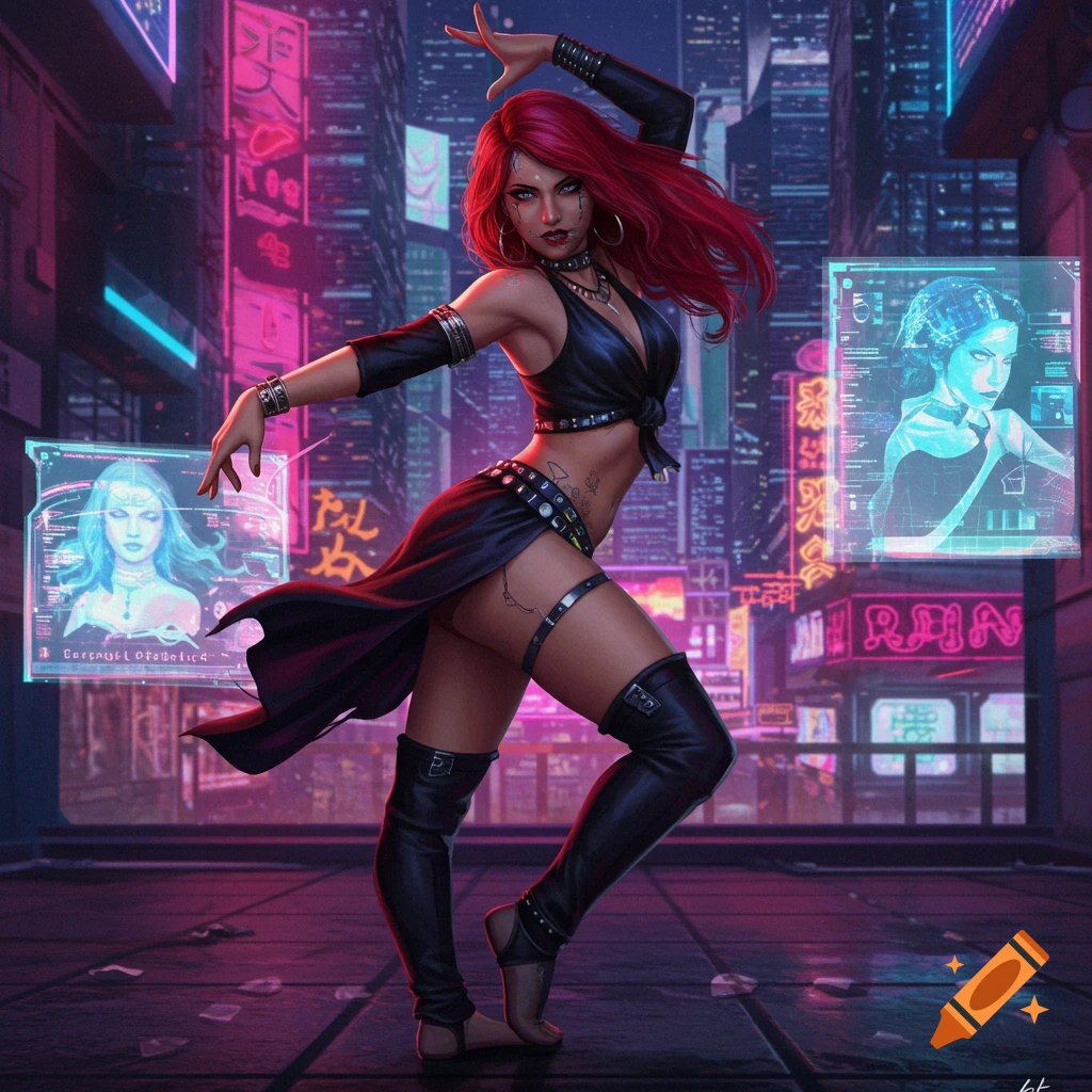 A red-haired dancer in a black outfit poses on a cyberpunk city street with neon signs and holographic screens.