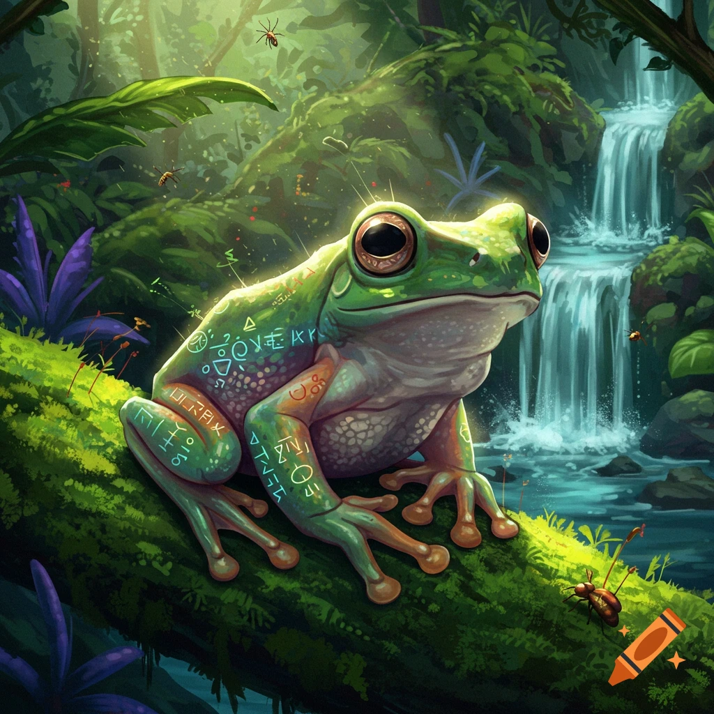 A glowing green forest rain frog with symbols on its skin is sitting on a log near a waterfall.